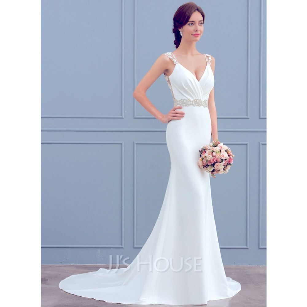 Wedding Dress Mermaid V-neck Court Train Stretch Crepe With Lace Beading